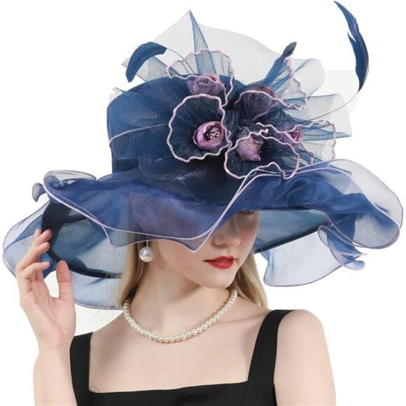 Women Organza Hat, Fascinator Hat Navy Blue